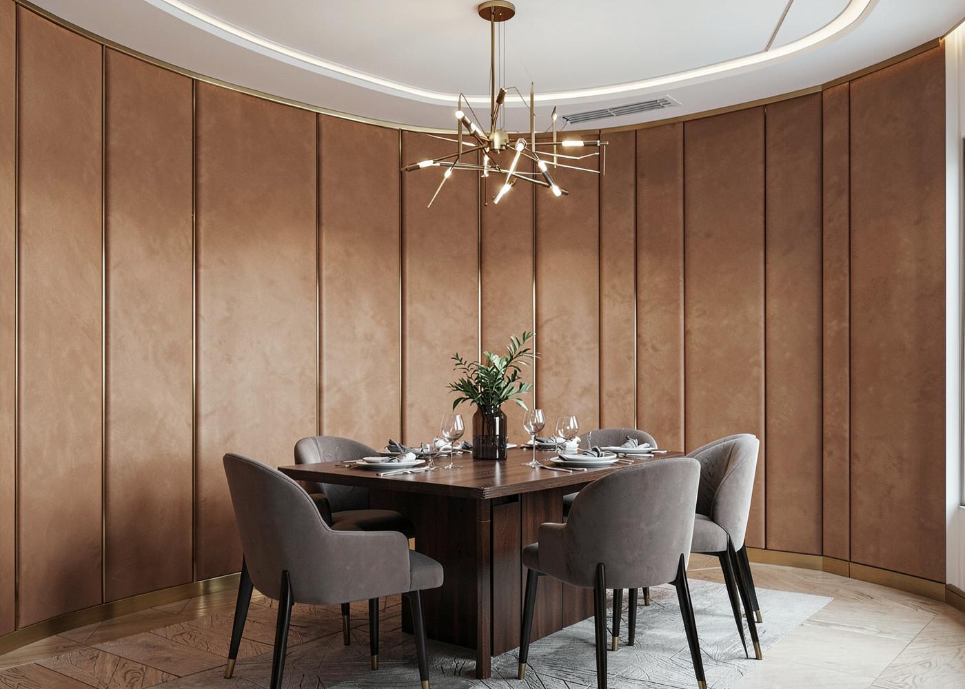 Dining room with caramel leather upholstered panels and brass trim