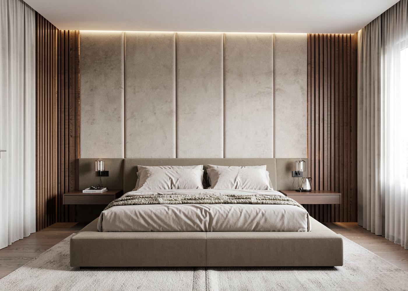 Bedroom with upholstered panels behind the bed framed by warm wood slats and hidden LED lighting