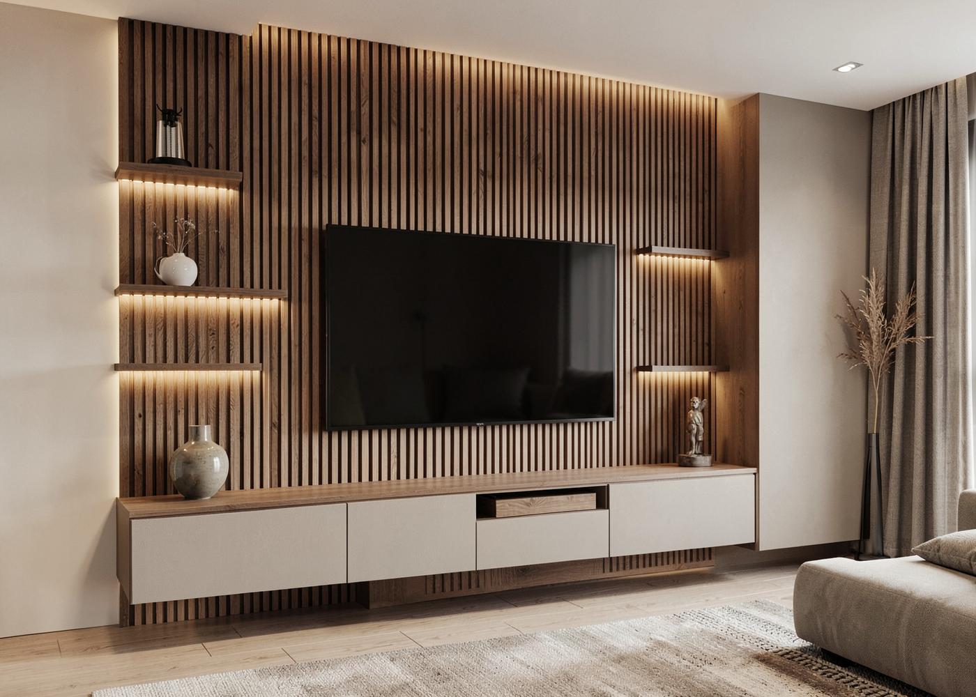 Living room television wall with oak slat paneling, floating shelves and LED lighting