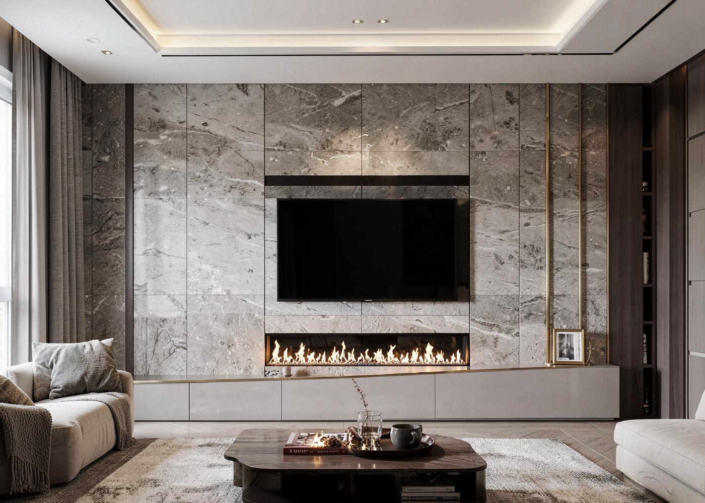 Stone-look porcelain feature wall with linear fireplace and recessed television