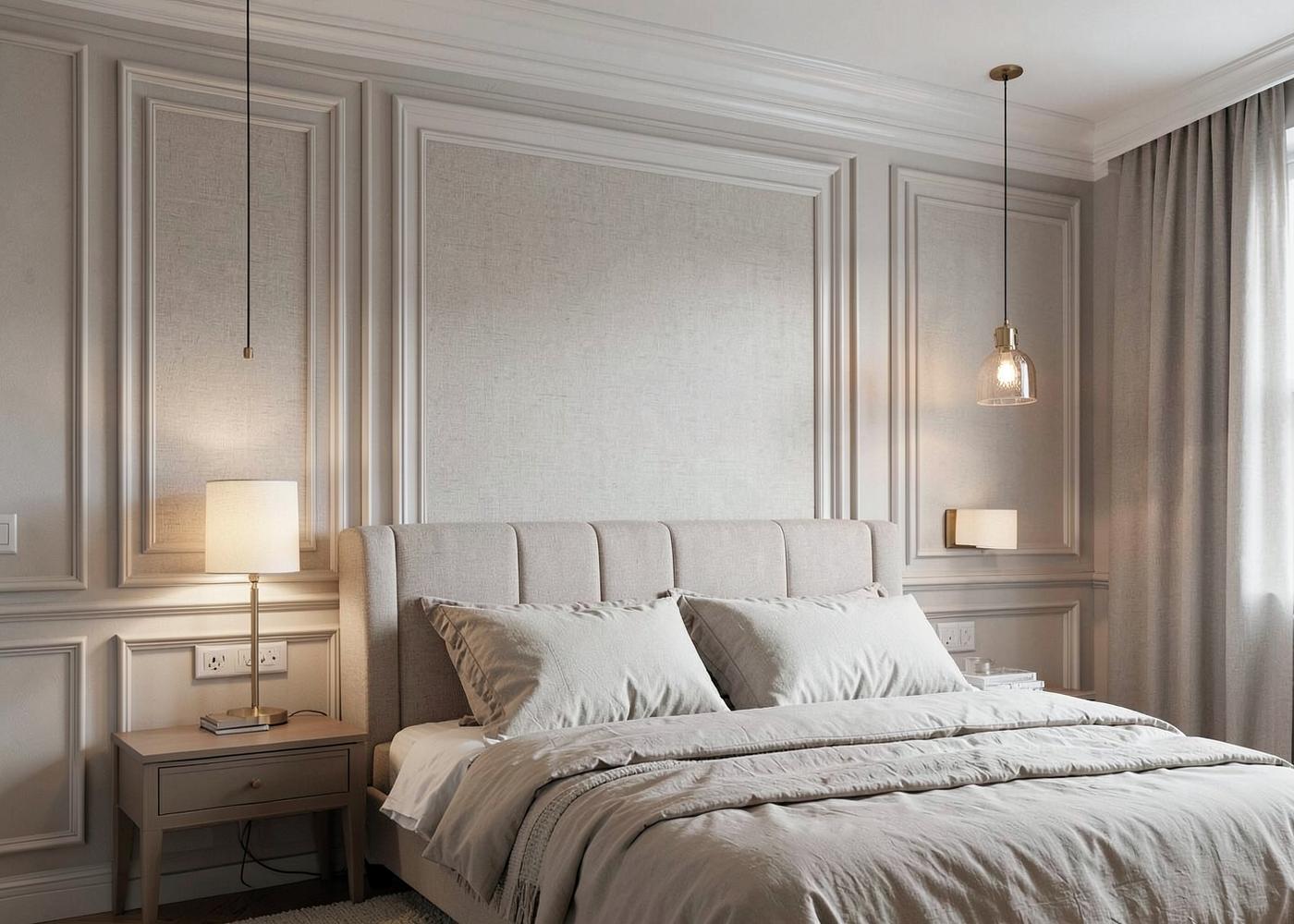 Bedroom wall with classic mouldings and linen inset panels in soft beige