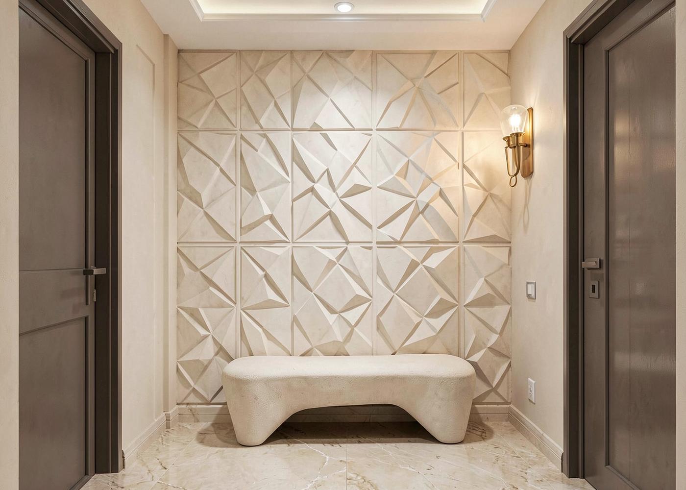 Entry hall with three dimensional geometric plaster panels and a sculptural bench