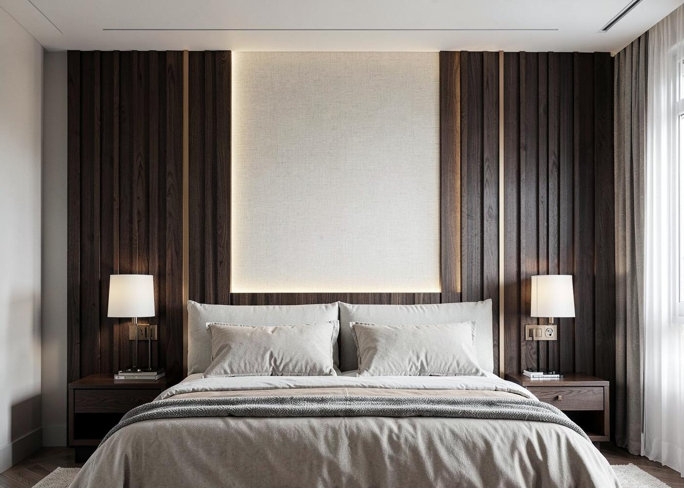 Dark walnut slat wall behind a bed with a backlit cream linen center panel