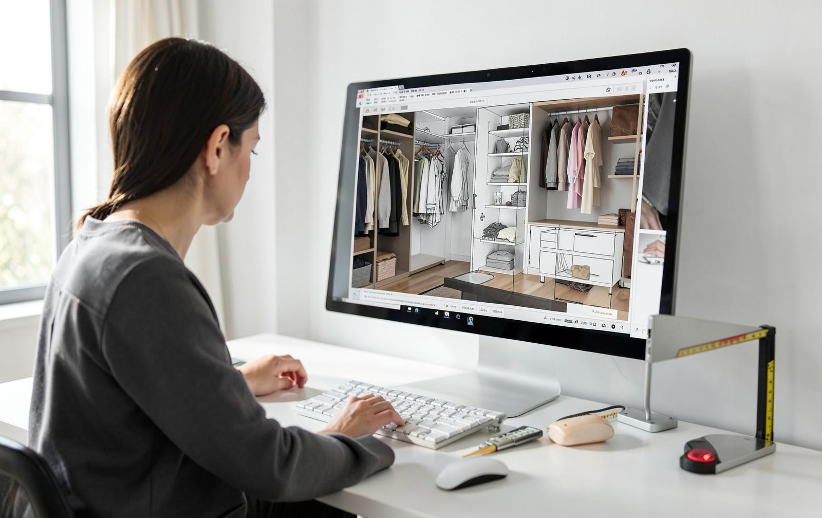 Designer working on a 3D closet layout with measurements