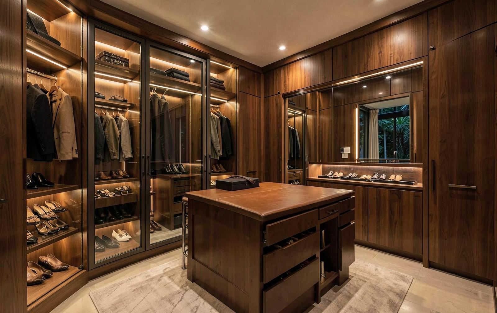 Luxury walk-in closet with island, glass fronts and LED lighting