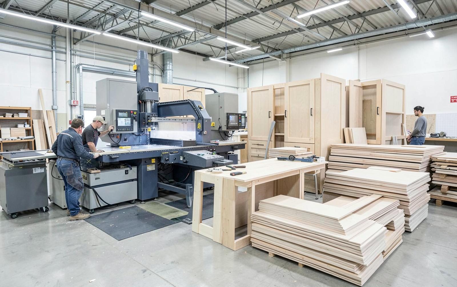 Closet panels being cut and assembled in the workshop
