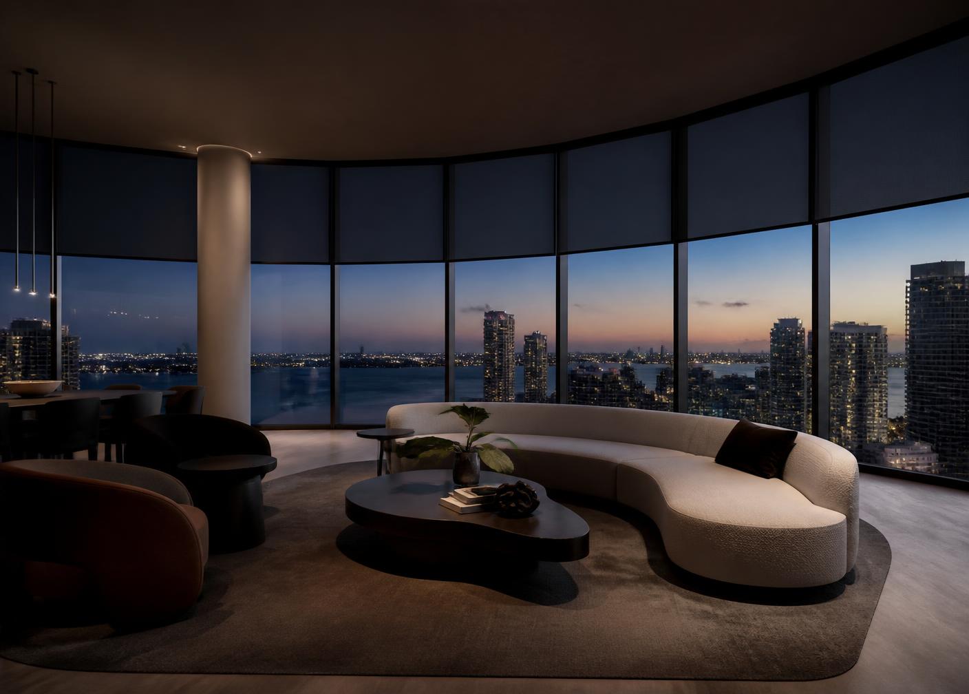 Curved glass living room with motorized shades and city skyline at dusk