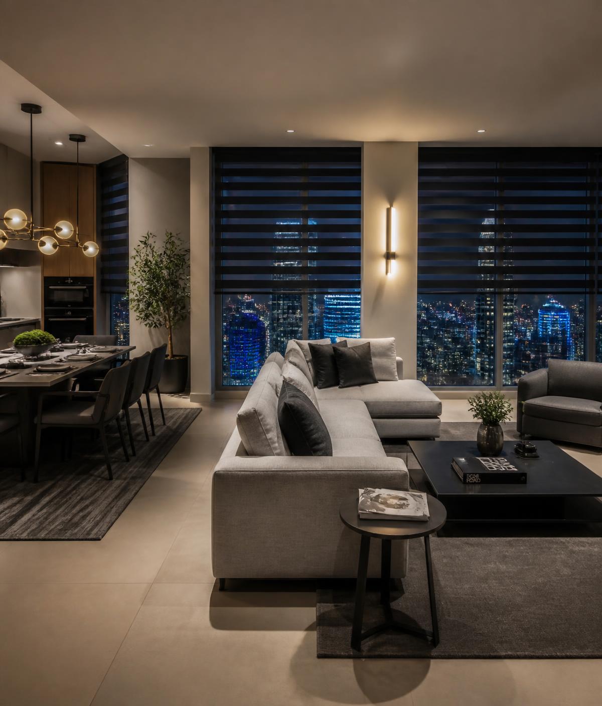 Brickell apartment with dark zebra shades and city skyline at night