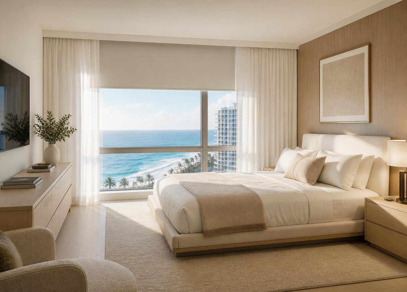 Bright bedroom with blackout roller shade and sheer drapes facing the ocean