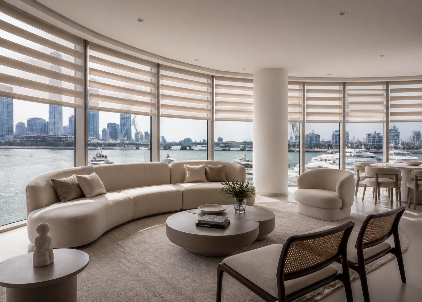 Curved living room with light filtering zebra shades and bay view