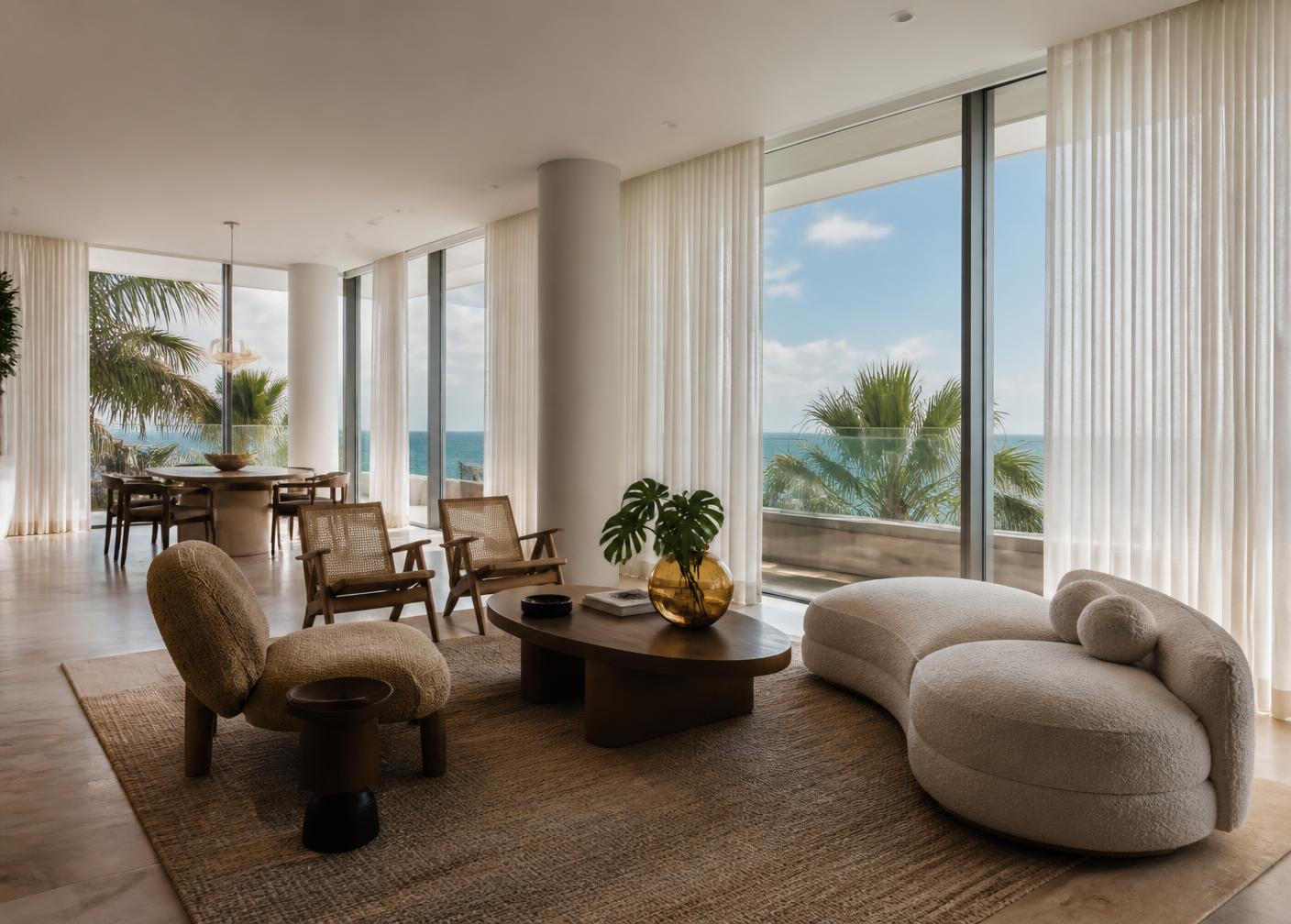 Living room with floor to ceiling sheer pinch pleat drapes and ocean view
