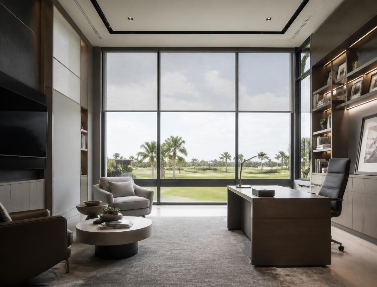 Study with wall covering, cabinetry and shades