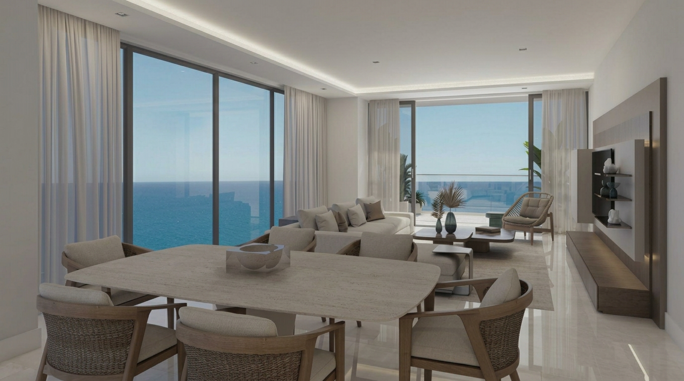 Luxury oceanfront living room in Florida with sheer curtains